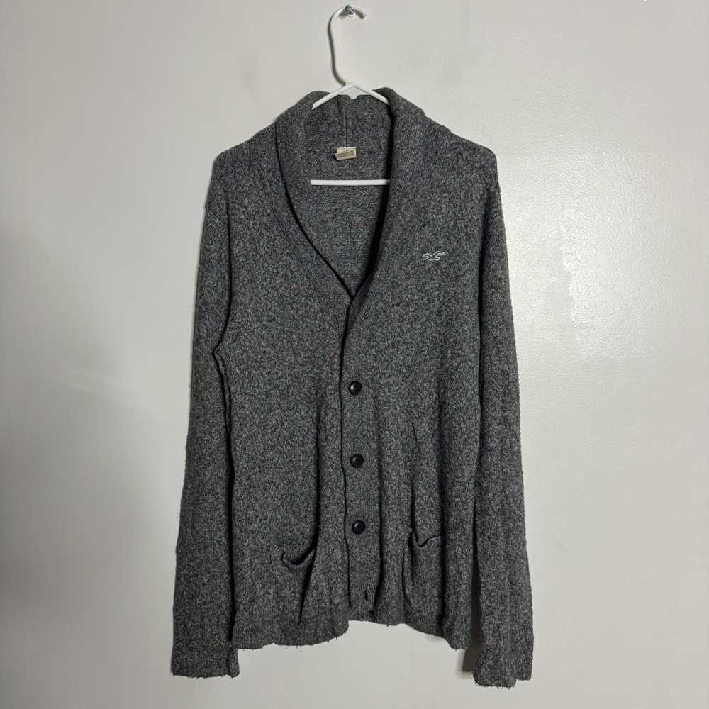 Hollister Cardigan Sweater Shawl Collar Gray Marl Knit Button Front Men's M